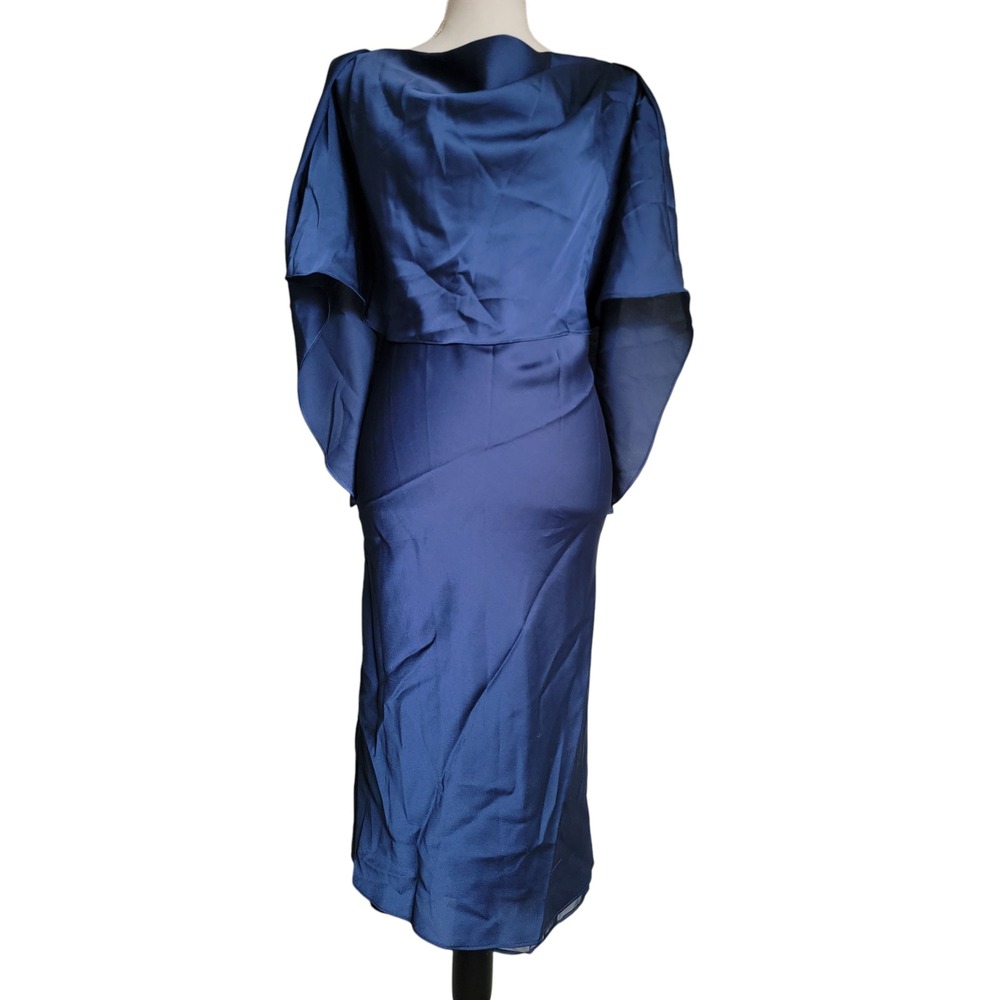 Fame and Partners Navy Blue Fluid Satin Drape Cape Sheath Dress Deep V Back Sz 4
